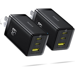 2-Pk Baseus 3-Port Up to 65W USB-C Foldable Wall Charger Blocks $27 + Free S&H