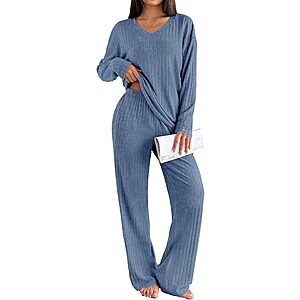 2-Pc Ekouaer Women's Ribbed Lounge Set