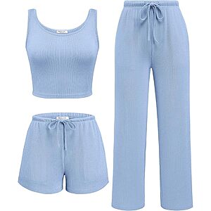 3-Pc Ekouaer Women's Lounge Crop Top Shorts & Pants Set w/ Pockets (Various)