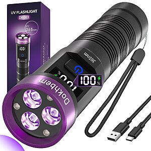 Dokhbem 365nm 3-LED UV Black Light USB-C Rechargeable Flashlight w/ LCD Display