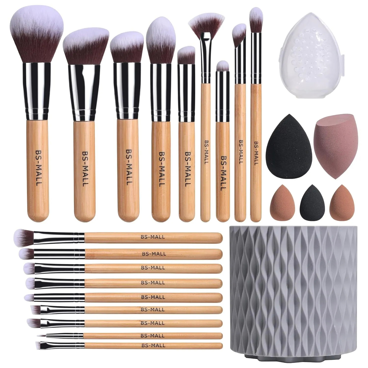 BS-MALL Makeup Brushes Bamboo Premium Synthetic Foundation Powder Concealers Eye Shadows 18 Pcs Brush Set with 5 sponge &amp; Holder Sponge Case - $14
