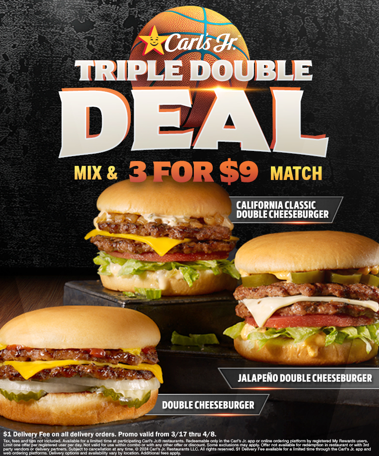 Carl's Jr - 3 for $9 Double Cheeseburgers or 2 for $5 fish sandwiches. via App rewards