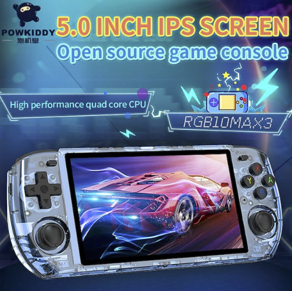 Powkiddy RGB10MAX3 5" IPS (PSP/PS/N64/NDS/NES Emulator) 64GB, 4000 mAh Type-C, Wifi+BT 2.4 Handheld Retro Game Console for $75 Shipped