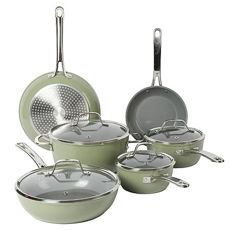 10-Piece Sur La Table Kitchen Essentials PFA Free Non-Toxic Titanium Ceramic Nonstick Interior Forged Aluminum Cookware Pots and Pans Set (Green) - $64