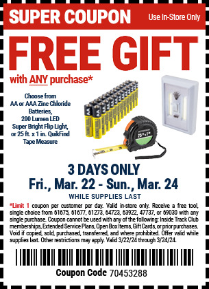 Free AA/AAA Batteries, 200-Lumen Flip light, or 25-Foot x 1" Tape Measure w/ Any Purchase at Harbor Freight