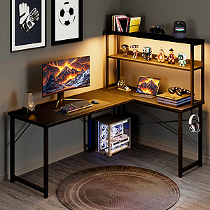 53 Inch L-Shaped Office Desk with Power Outlets, Gaming Desk with LED Lights for Home Office, Corner Computer Desk with Hutch, Black $69.99