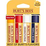 Burt's Bees Beeswax, Strawberry, Coconut and Pear, and Vanilla Bean Lip Balm Pack, With Responsibly Sourced Beeswax, Tint-Free, Natural Lip Treatment, 4 Tubes, 0.15 oz. $6