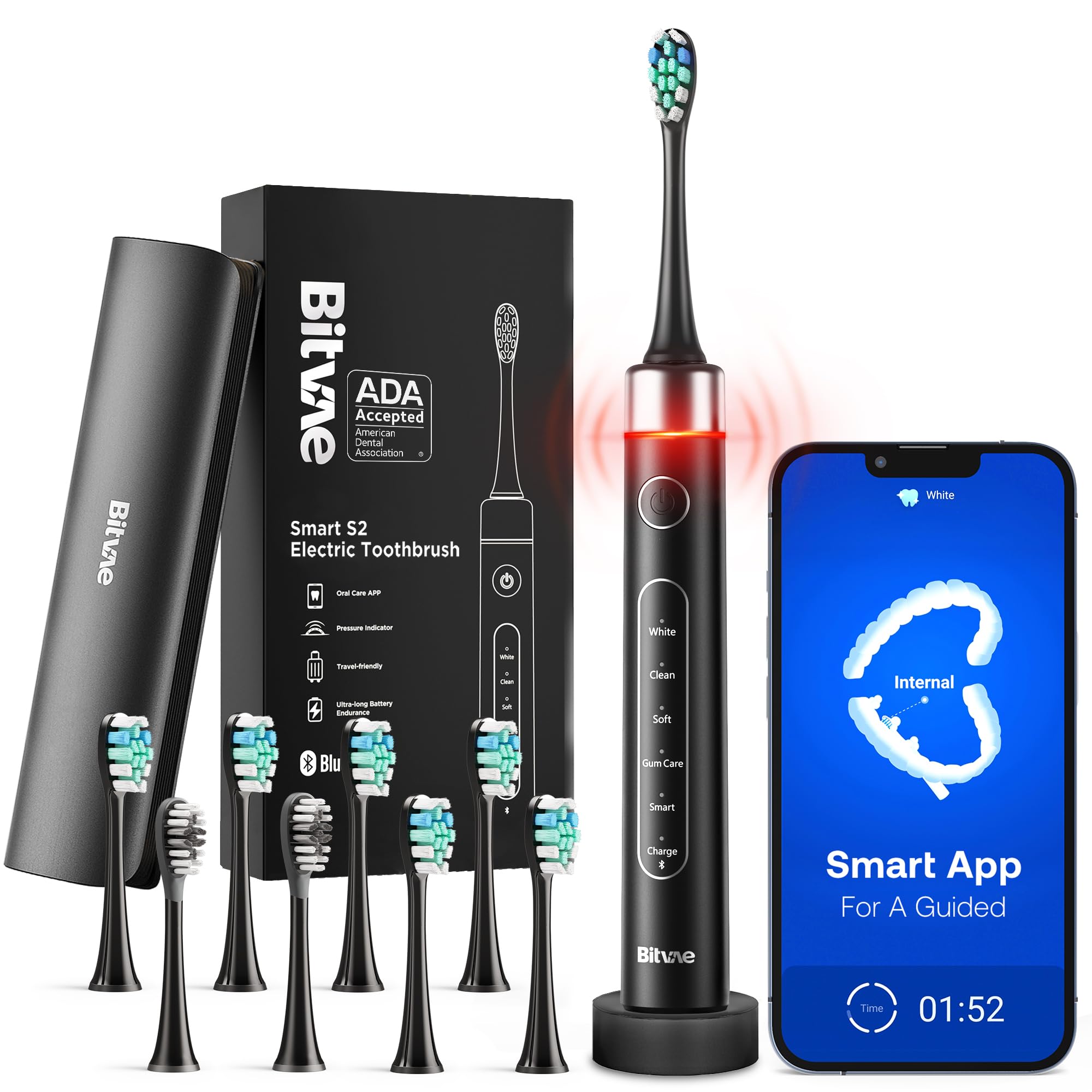 Bitvae Smart Ultrasonic Whitening Electric Toothbrush with 8 Brush Heads -  Black SmartS2 $12.49