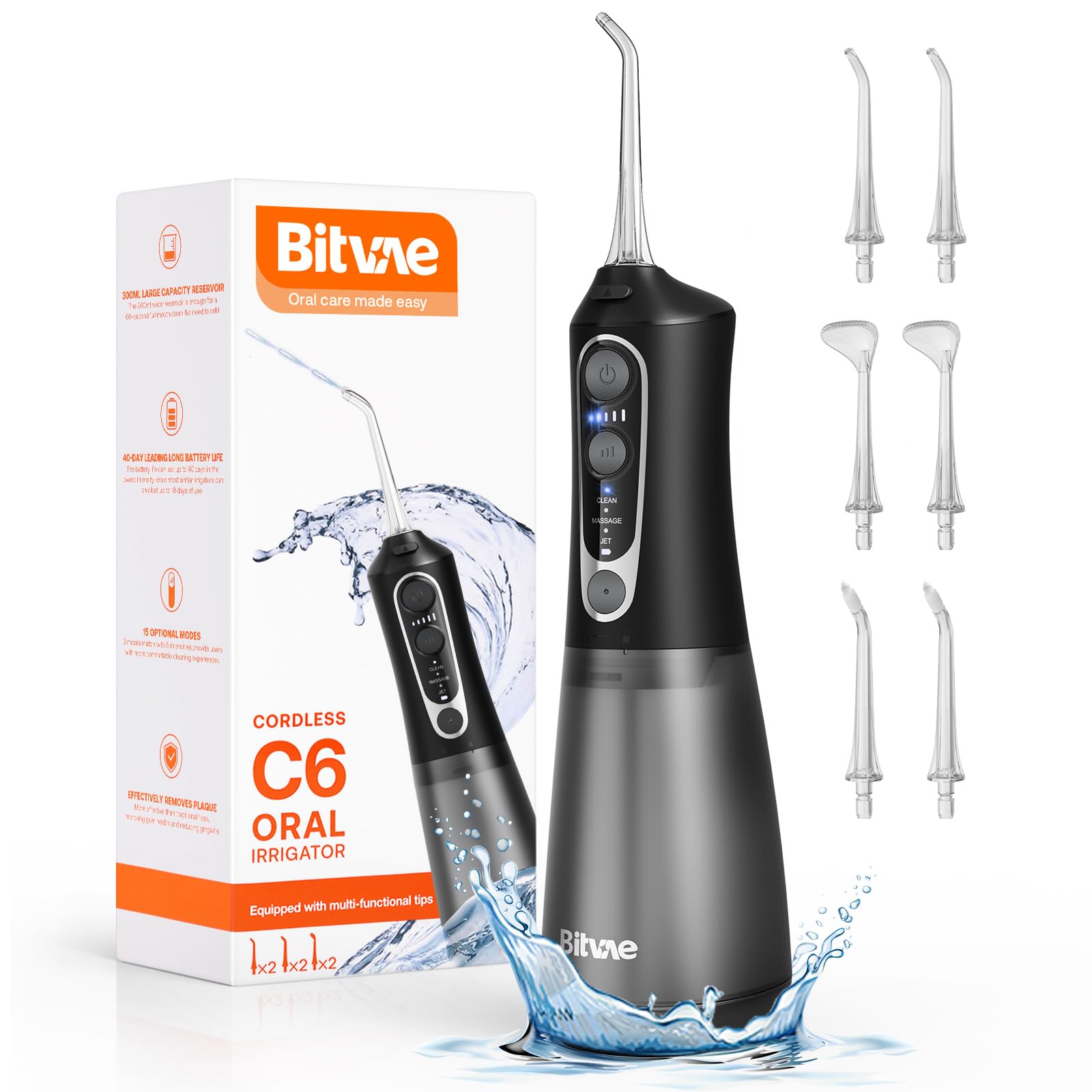 Bitvae C6 Water Flossers for Teeth - Cordless Water Dental Flosser Teeth Picks for Travel with 6 Jet Tips, 3 Modes 5 intensities, IPX7 Waterproof Portable & Rechargeable,$27.19