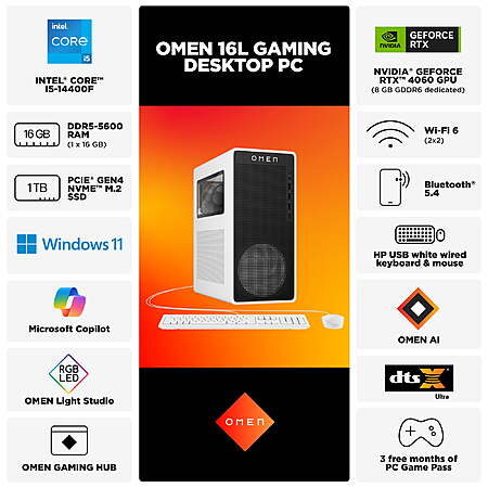 HP OMEN 16L Gaming Desktop PC Intel Core i5-14400F 16GB RAM 1TB SSD RTX4060 W11H $699