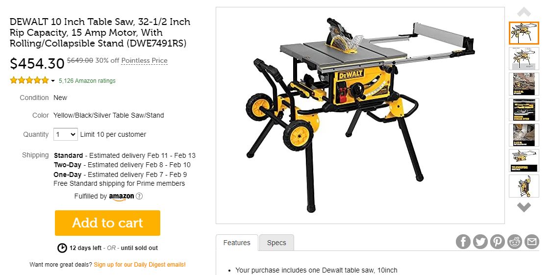 DEWALT 10 Inch Table Saw, 321/2 Inch Rip Capacity, 15 Amp Motor, With