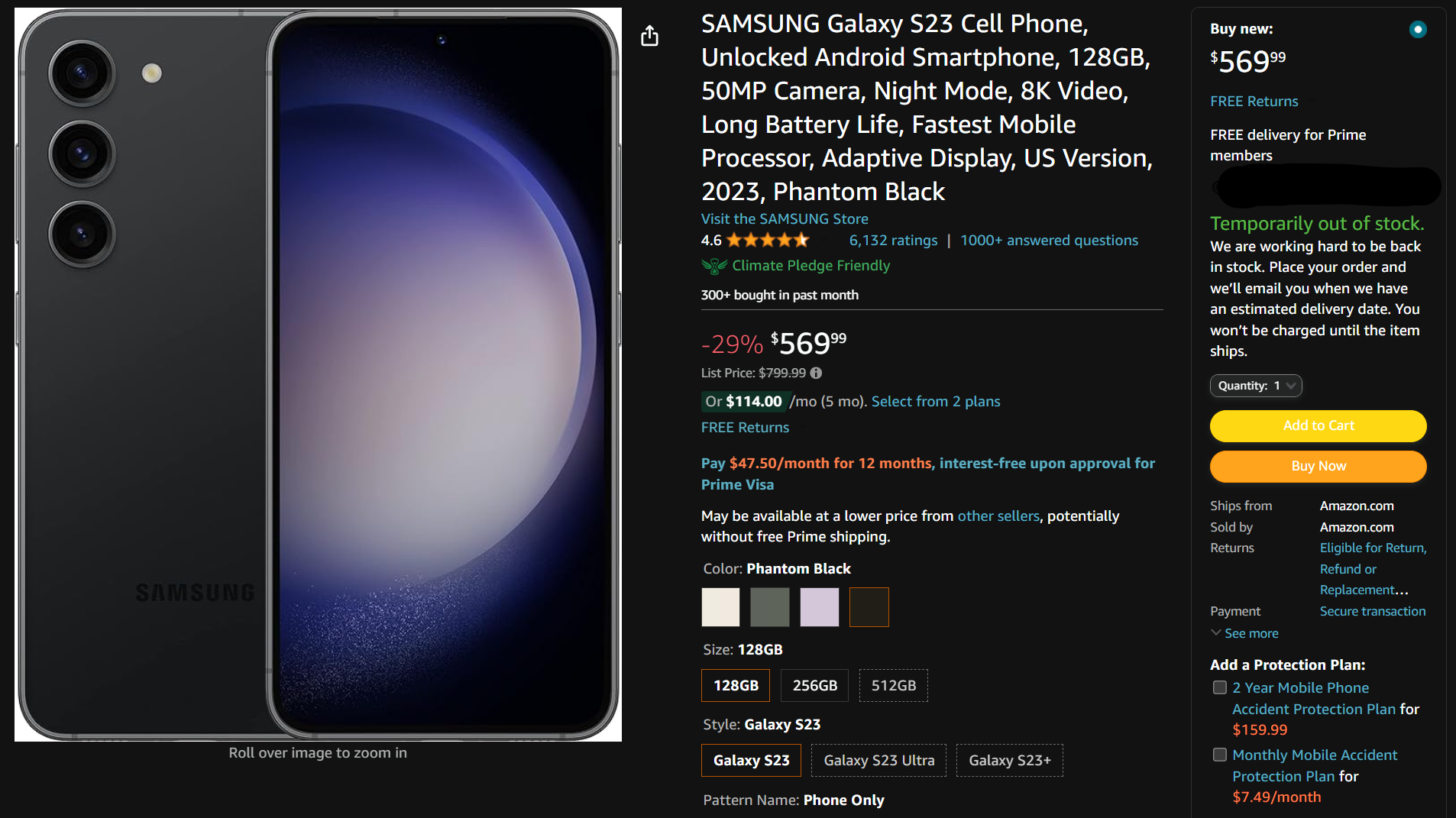 Samsung Galaxy S23 Unlocked Phantom Black 128GB $569.99