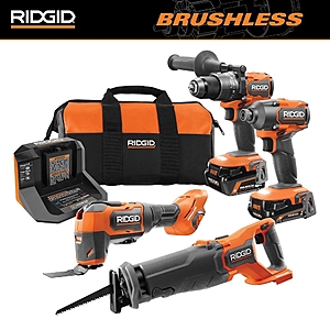 YMMV - RIDGID 18V Brushless Cordless 4-Tool Combo Kit with (1) 4.0 Ah and (1) 2.0 Ah MAX Output Batteries, 18V Charger, and Tool Bag R9225 - $215.00