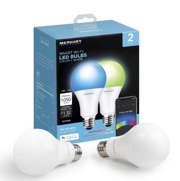 Merkury Innovations A21 Smart Multicolor LED Bulb, 1,050 lumens, 75W, Dimmable, 2-Pack - YMMV $4 at Walmart