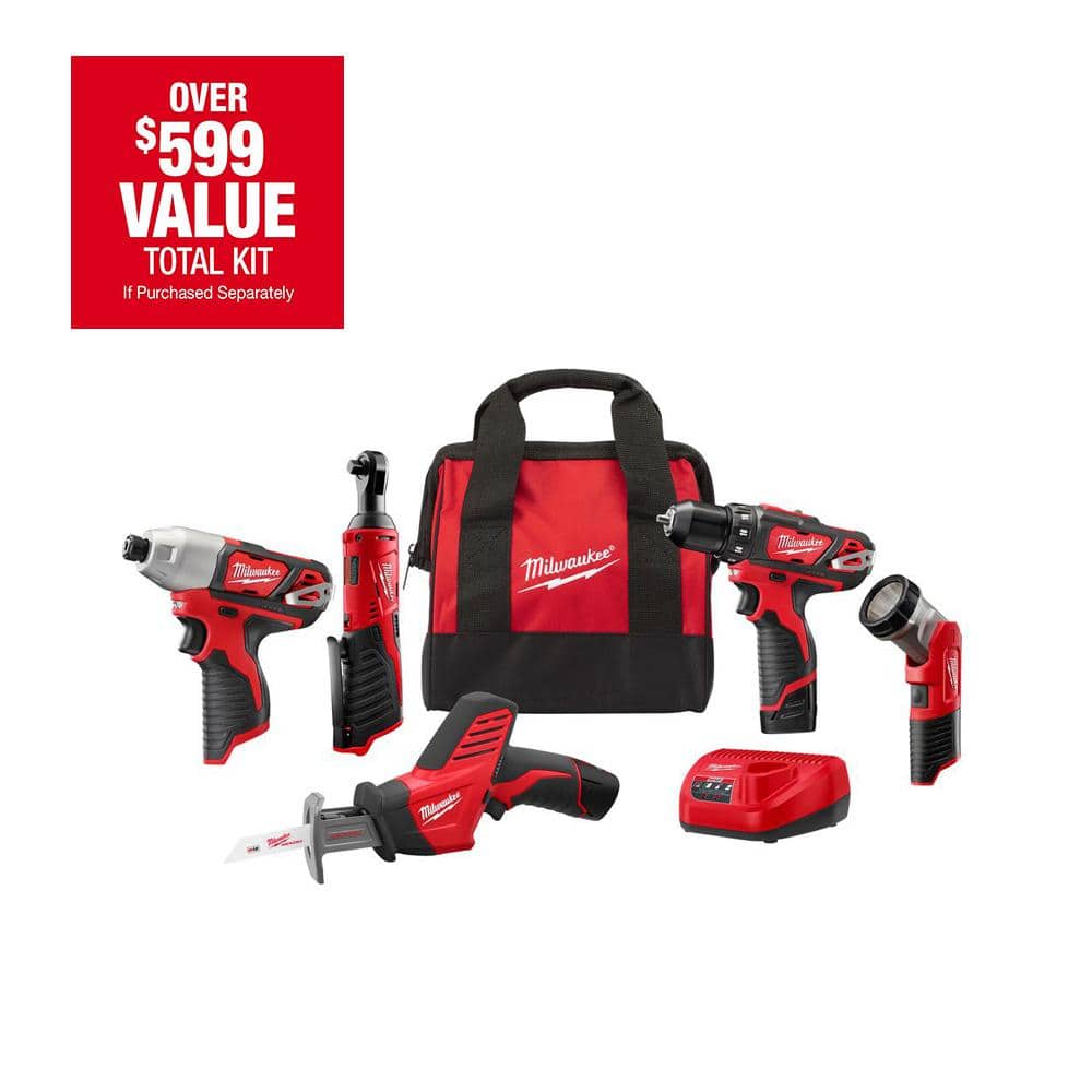 Milwaukee M12 12V Lithium-Ion Cordless Combo Kit (5-Tool) with Two 1.5 Ah Batteries, Charger and Tool Bag $199