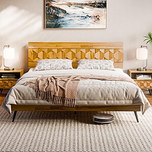 YMMV Bme Georgina Signature Bed Frame with Handcrafted Geometric Headboard Solid Acacia Wood Teak Brown, King $243.74 AC