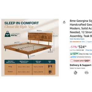 YMMV Bme Georgina Signature Bed Frame with Handcrafted Geometric Headboard Solid Acacia Wood Teak Brown, King $243.74 AC