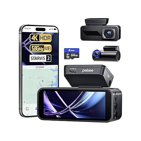 New Pelsee P1 Pro 4K/1080p Dash Dual Cam, Sony STARVIS 2, Full-Color Night Vision, HDR WDR, ADAS, GPS, WiFi & Voice Control, 24H Parking Mode, 3.39" Screen, 64GB Card $87.99
