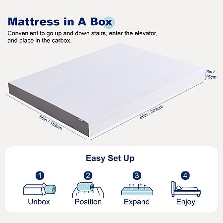 Amazon Basics Memory Foam Mattress, Soft Plush Feel, Queen, White/Grey, 80 x 60 x 6 inches (LxWxH) $144