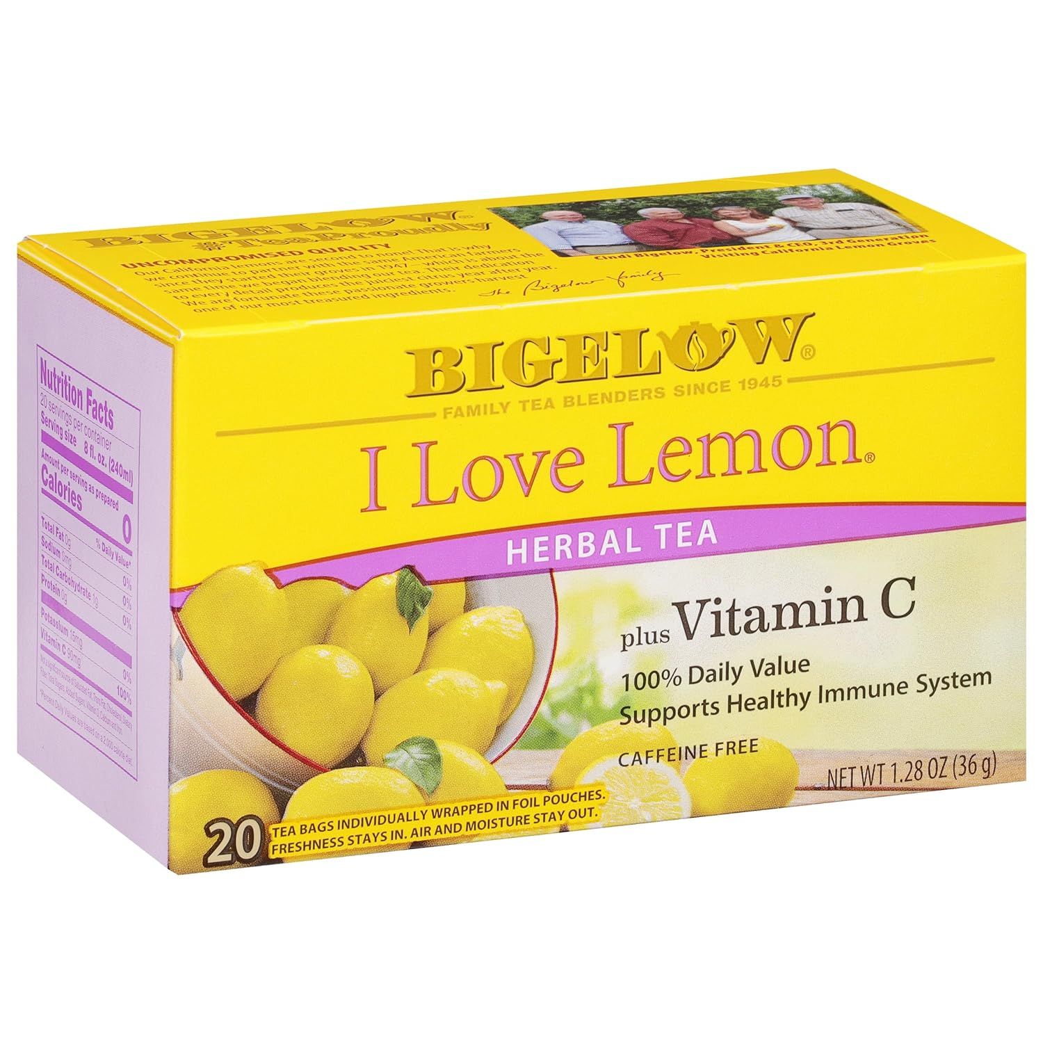 Bigelow Tea I Love Lemon with Vitamin C Herbal Tea, Caffeine Free, 20 Count (Pack of 6), 120 Total Tea Bags $14.83