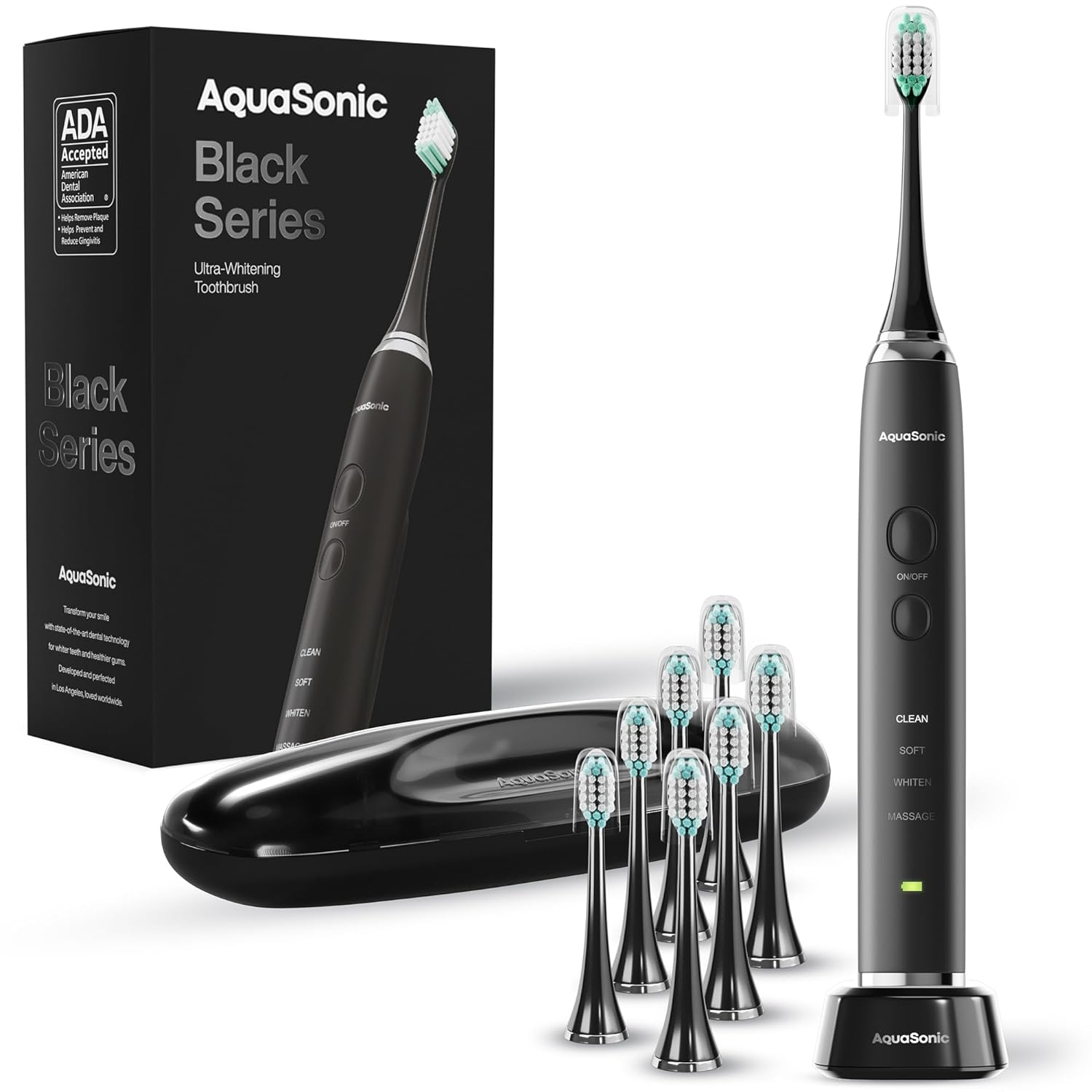 Aquasonic Black Series Ultra Whitening Toothbrush – ADA Accepted Power Toothbrush - 8 Brush Heads & Travel Case – 40,000 VPM Electric Motor & Wireless Charging $29.95