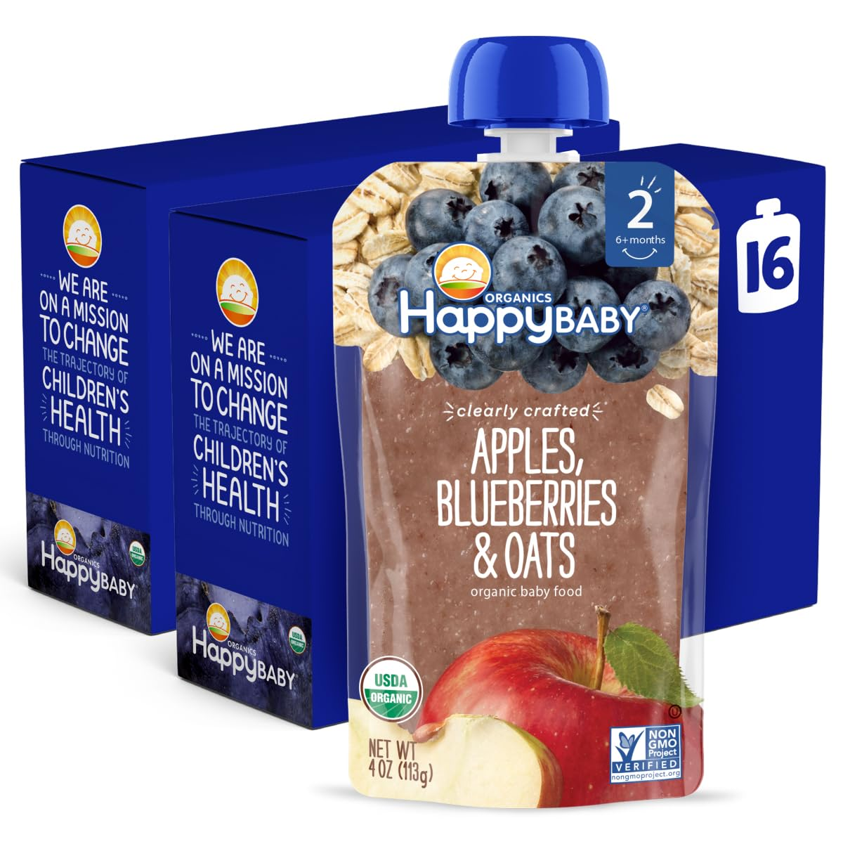 Happy Baby Organics Stage 2 Baby Food Pouches, Gluten Free, Vegan & Healthy Snack, Clearly Crafted Oat & Fruit Puree, Apples, Blueberries & Oats, 4 Ounces (Pack of 16) $18.15