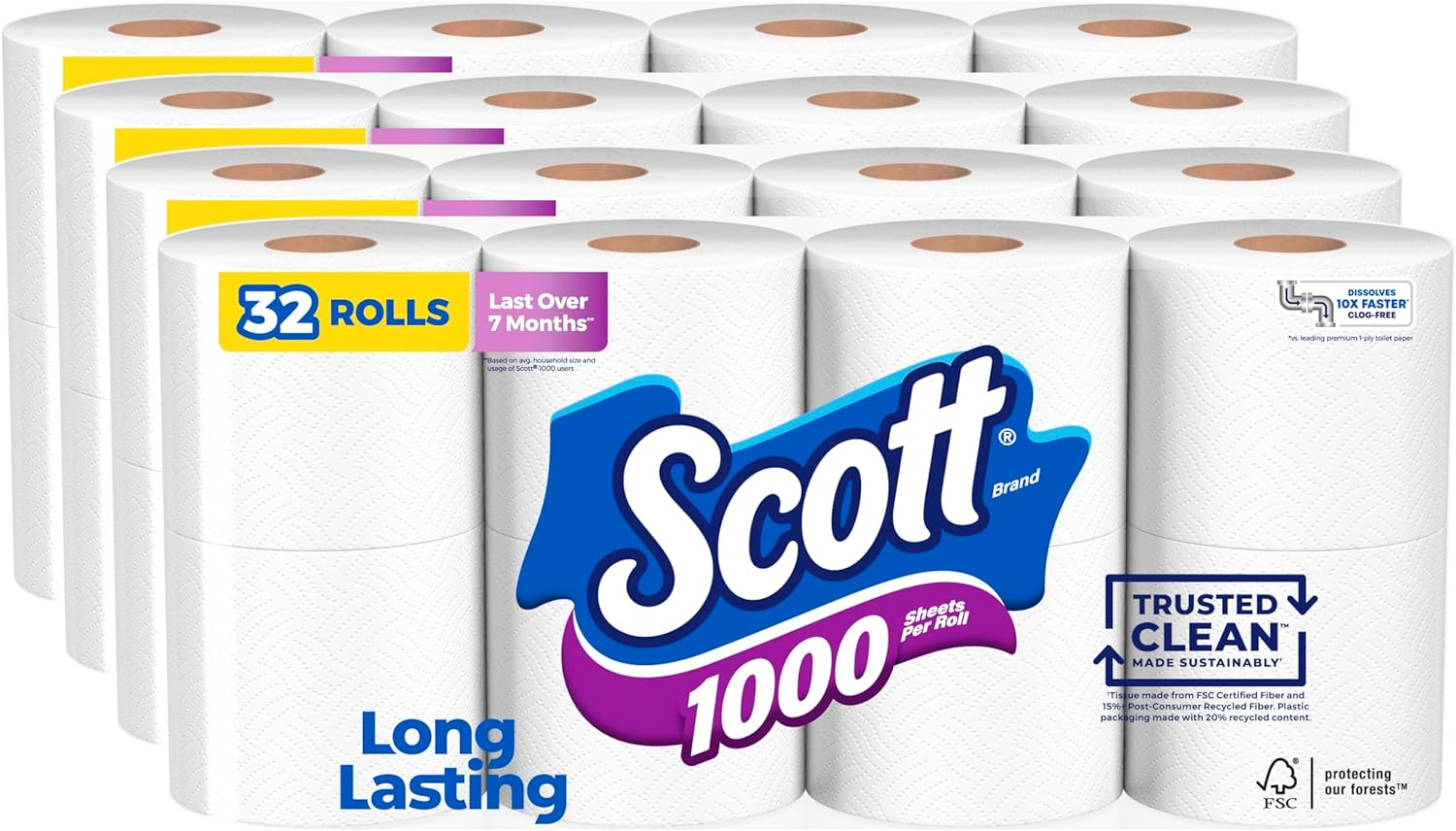 Scott 1000 Trusted Clean Toilet Paper, 32 Rolls, Septic-Safe, 1-Ply Toilet Tissue $22.91