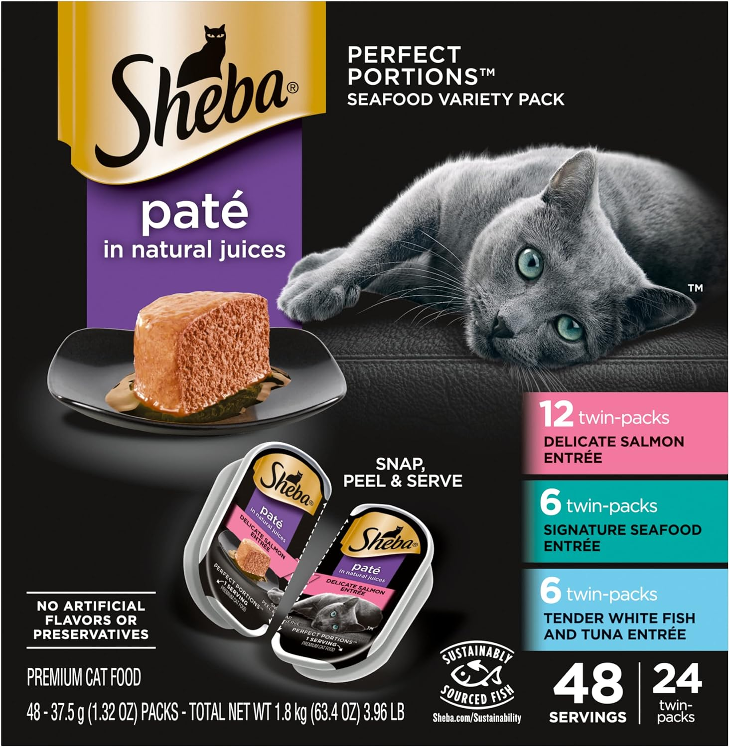 SHEBA PERFECT PORTIONS Paté Adult Wet Cat Food Trays (24 Count, 48 Servings), Signature Seafood Entrée, Easy Peel Twin-Pack Trays : 96 servings