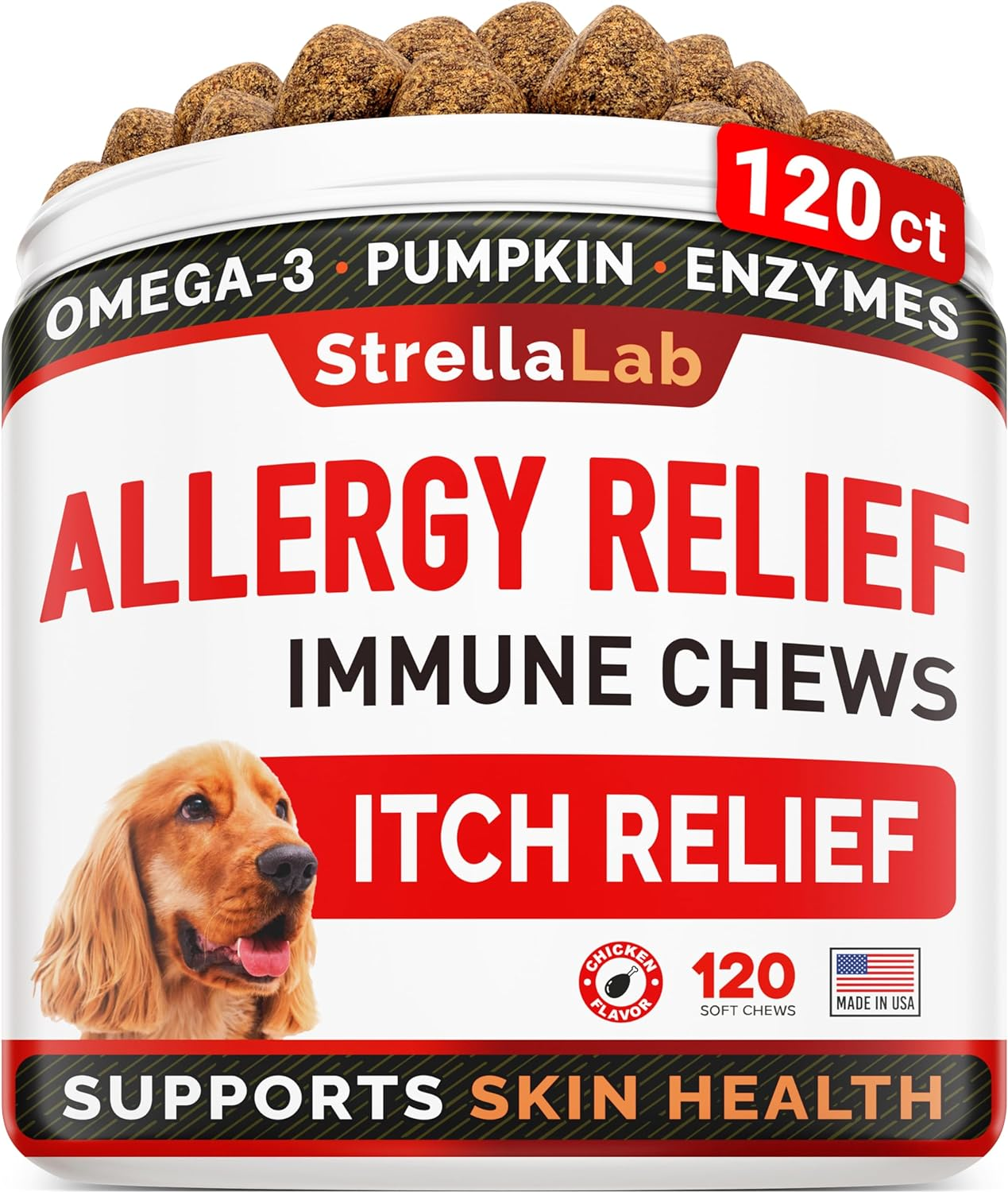 STRELLALAB Dog Allergy Relief + Itchy Skin Treatment with Omega 3 & Pumpkin, Dogs Itching & Licking Treats, Itch Chew,