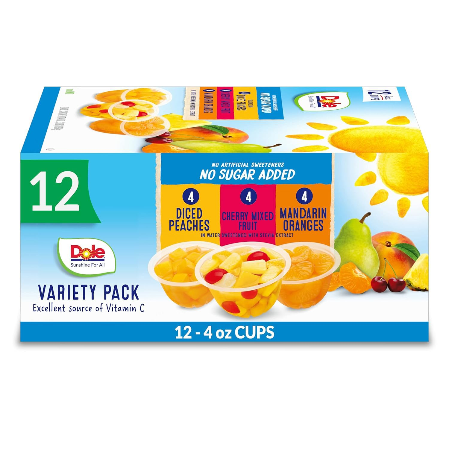Dole Fruit Bowls No Sugar Added Variety Pack Snacks, Peaches, Mandarin Oranges & Cherry Mixed Fruit, 4oz 12 Cups, Gluten & Dairy Free, as low as $4.72