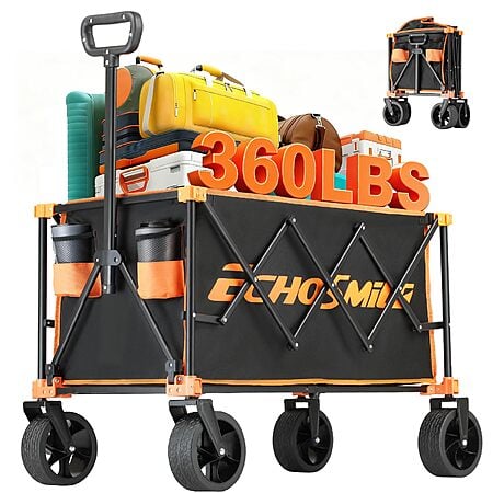 EchoSmile Collapsible Folding Wagon Cart 360lbs, Heavy Duty Garden Utility Cart with All Terrain Wheels, (Black Orange) - amazon $30