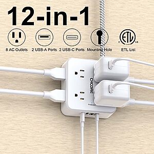 CHCORE 8-Outlet Surge Protector w/ 4 USB Ports, 5' Braided Cord & Flat Plug 