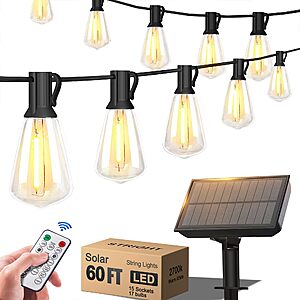 60' Stright Solar Powered LED Outdoor Edison Bulb String Lights w/ Remote .40