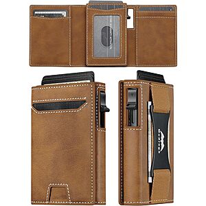 Medrega Men's Slim RFID Minimalist Trifold Leather Wallet w/ Cash Strap or AirTag (Leather Brown or Carbon Black) $9.99 + Free Shipping w/ Prime or on $35+