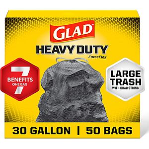 50-Count 30-Gallon Glad ForceFlex Large Drawstring Trash Bags (Black) $12.50 w/ Subscribe & Save