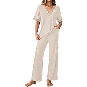 2-Pc GKBK Women's 3/4 Sleeve V-Neck Pajama Lounge Set (White or Black)