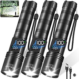 3-pk Tughlax Rechargeable LED Flashlights w/ 10000 Lumens, LCD Display & 5 Modes