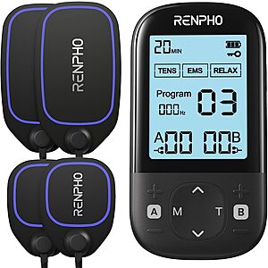 RENPHO 3-in-1 TENS EMS Muscle Stimulator w/ 60 Programs & 8 Gel Electrode Pads