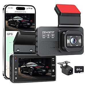 Zengest 4K+1080P Dual Dash Cam w/ GPS, 5G WiFi, ADAS & 64GB Card $36 + Free S&H