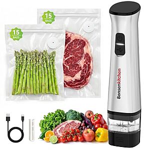 Bonsenkitchen Handheld Vacuum Sealer w/ 30 Reusable Bags & Detachable Water Tank