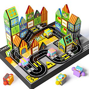 60-Pc GobiDex Mini Magnetic Tiles City Road Building Set w/ 4 Cars