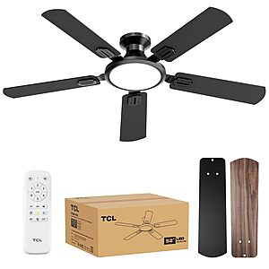 52" TCL Modern Low Profile 6-Speed Ceiling Fan w/ 3 Mode LED Light (Black) $69.60 + Free S&H