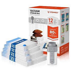 12-Pk ETENWOLF Cordless Vacuum Storage Bags w/ USB-C Rechargeable Air Pump