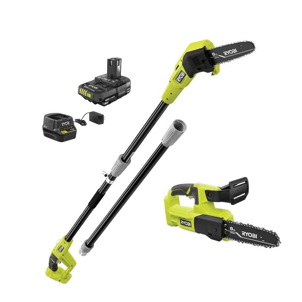 $199 Ryobi ONE+ 18V 8 in. Cordless Battery Pole Saw and 8 in. Pruning Saw Combo Kit with 2.0 Ah Bat + Charger at Home Depot