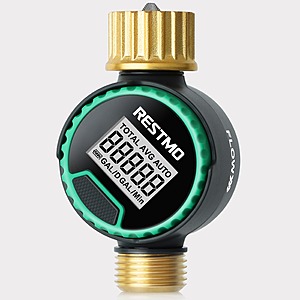Restmo Water Flow Meter w/ 360° Rotatable Control Panel, Brass Inlet, and Outlet for Garden Hose $13.50 Free Shipping w/ Prime or on $35+