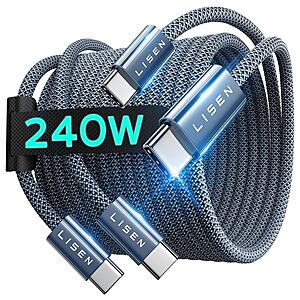 2-Pack 6.6' LISEN up to 240W USB-C to USB-C Charging Cables $5.60 