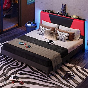 Bestier King Bed Frame with Headboard, LED Lighting, USB Chargers with Storage Shelf and Wood Slat Support $99.99 + Free Shipping
