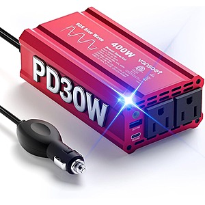 2026 Upgraded 400W Peak Clipped Sine Wave Car Power Inverter with PD3.0 QC18W Dual USB Charging Ports $32.49 + Free Shipping w/ Prime or $35
