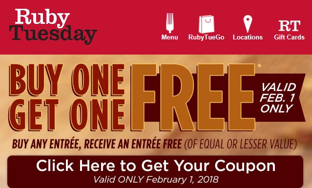 Ruby Tuesday B1G1 Free Today (Thursday) Only YMMV (Check your email) - Slickdeals.net