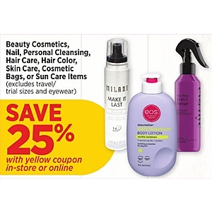 H-E-B 25% off Beauty Cosmetics, Nail, Personal Cleansing, Hair Care, Hair Color, Skin Care, Cosmetic Bags, or Sun Care Items 3/19-3/25